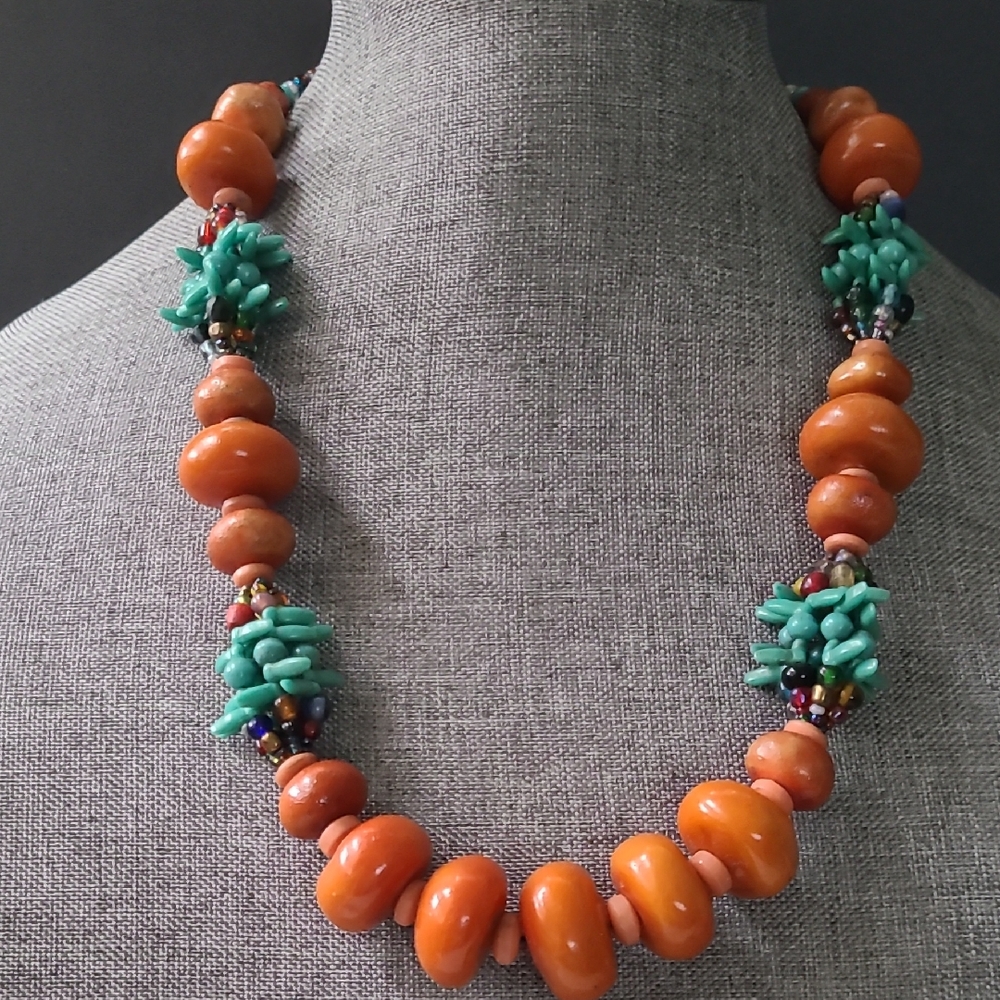 Orange and Green Beaded Necklace